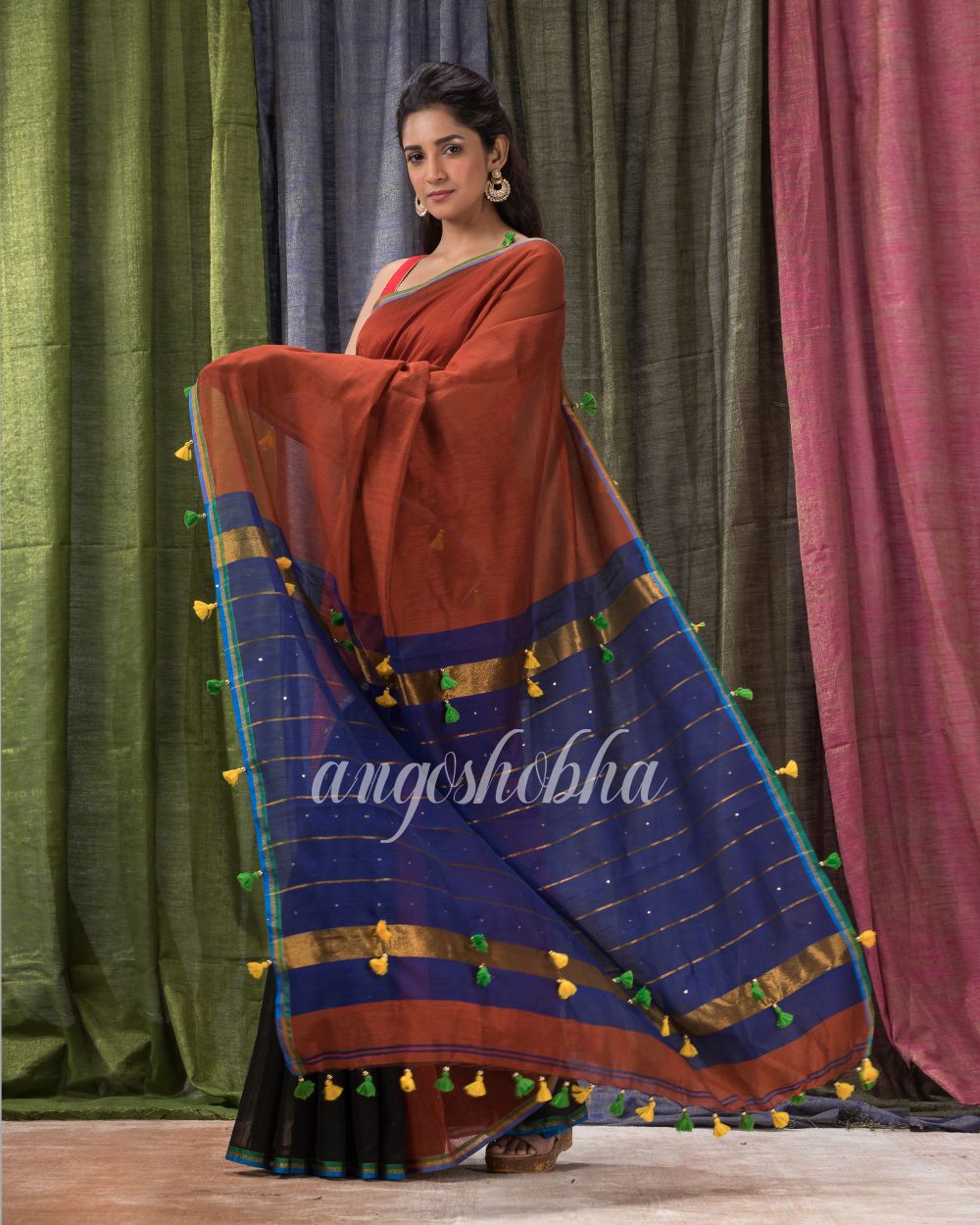 Cotton Blend Maroon Black Handloom Saree angoshobha
