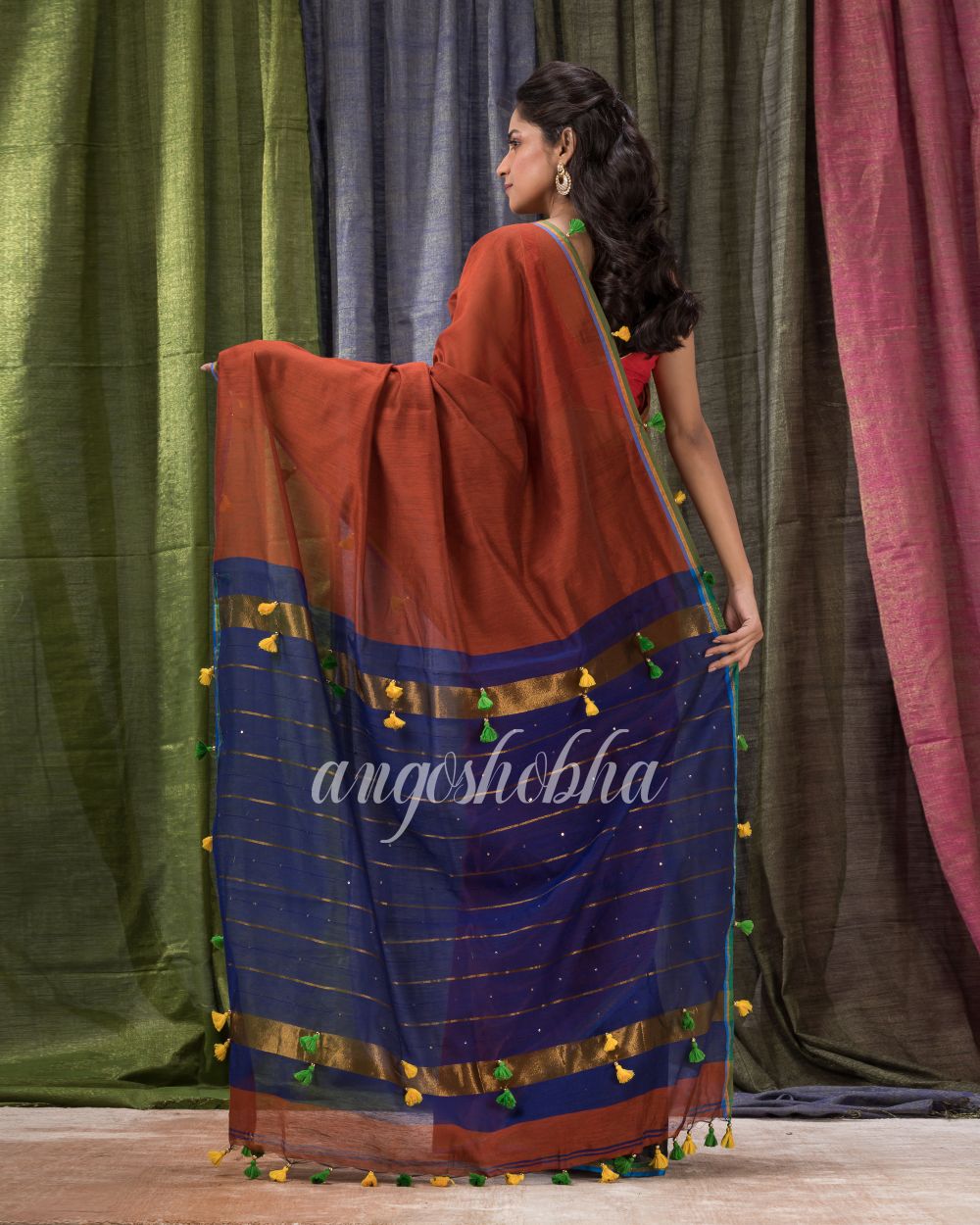 Cotton Blend Maroon Black Handloom Saree angoshobha