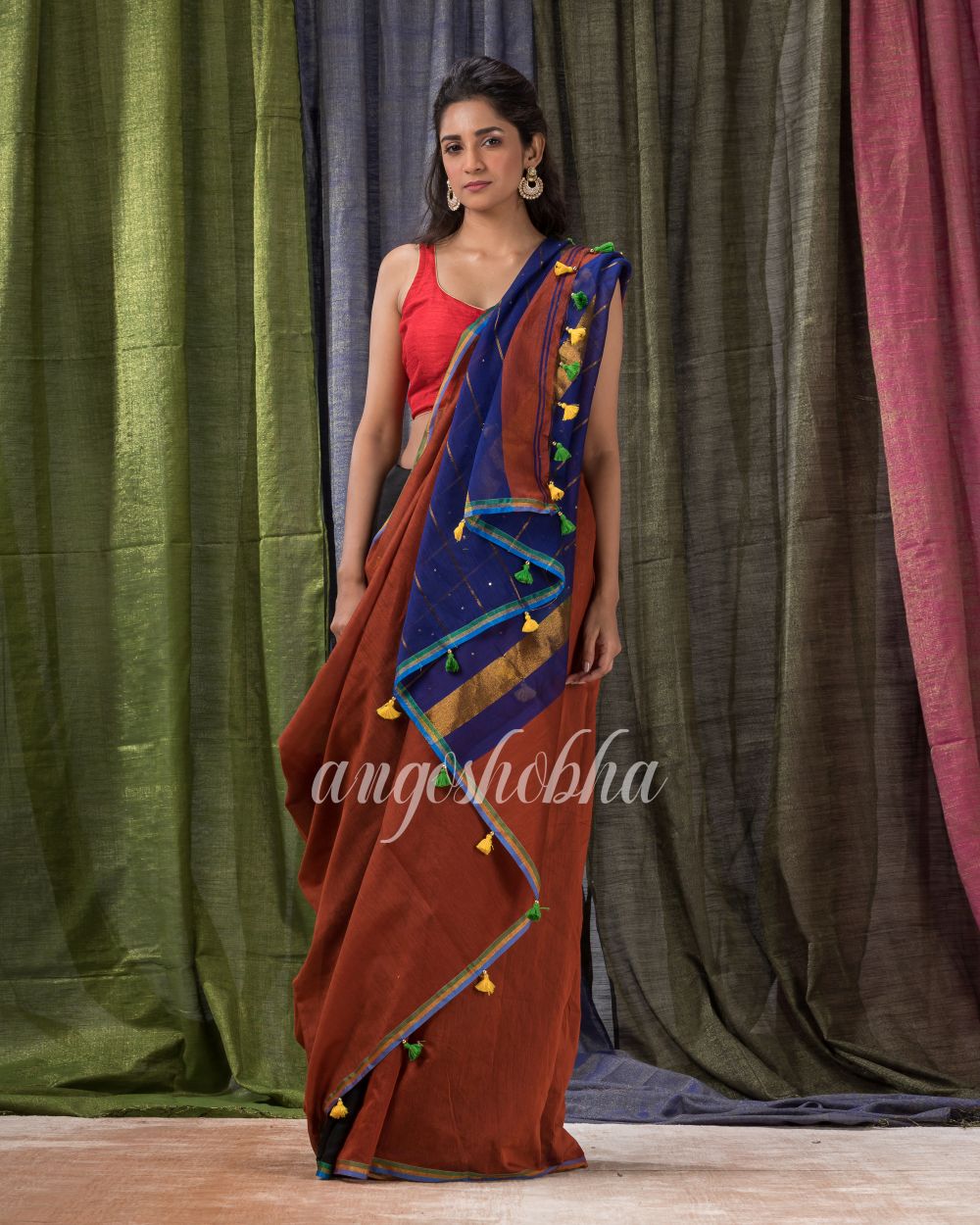 Cotton Blend Maroon Black Handloom Saree angoshobha