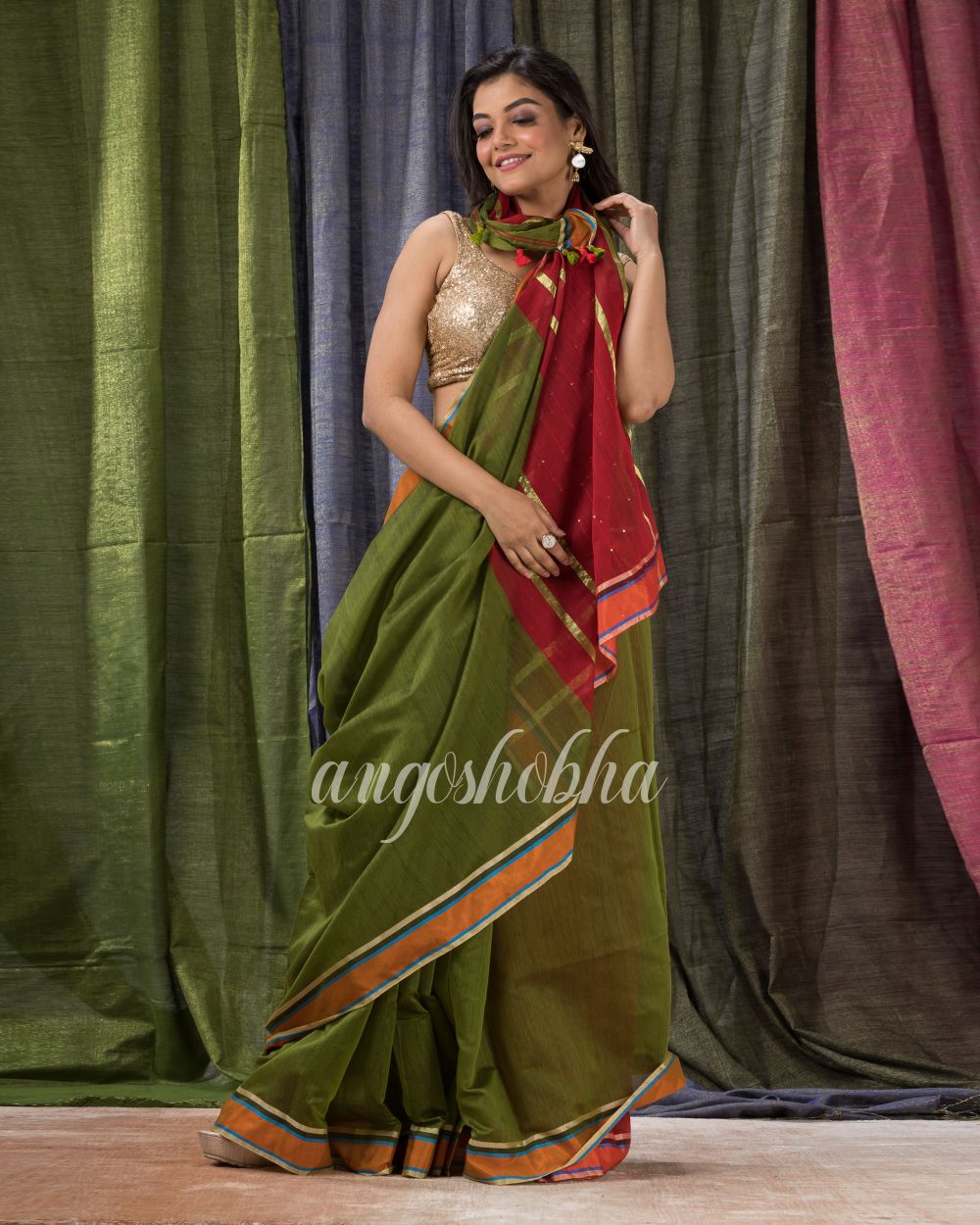 Cotton Blend Olive Green Handloom Saree angoshobha