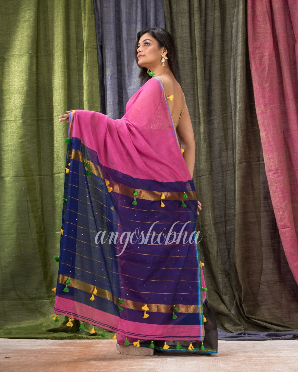 Cotton Blend Pink Black Handloom Saree angoshobha