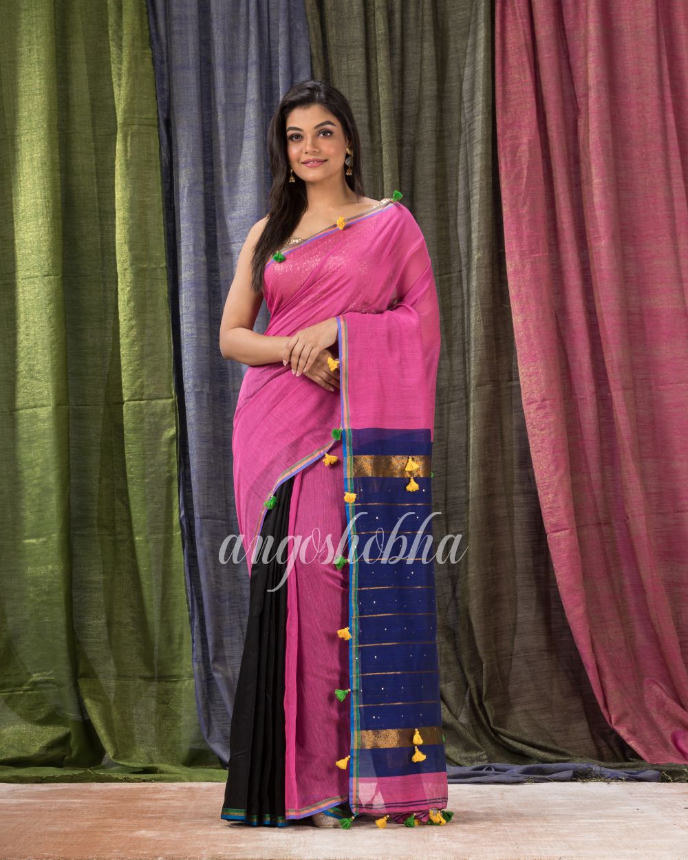 Cotton Blend Pink Black Handloom Saree angoshobha