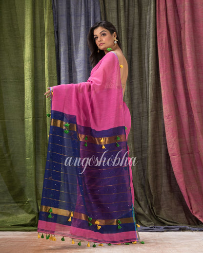 Cotton Blend Pink Black Handloom Saree angoshobha