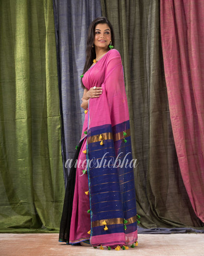 Cotton Blend Pink Black Handloom Saree angoshobha