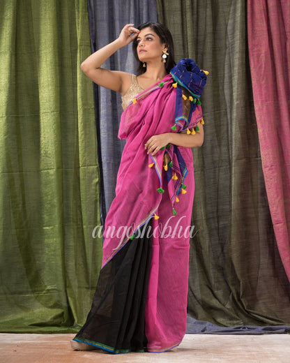 Cotton Blend Pink Black Handloom Saree angoshobha