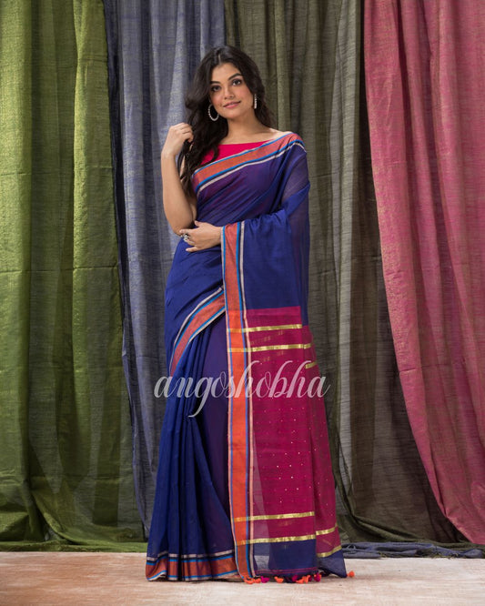 Cotton Blend Royal Blue Handloom Saree angoshobha