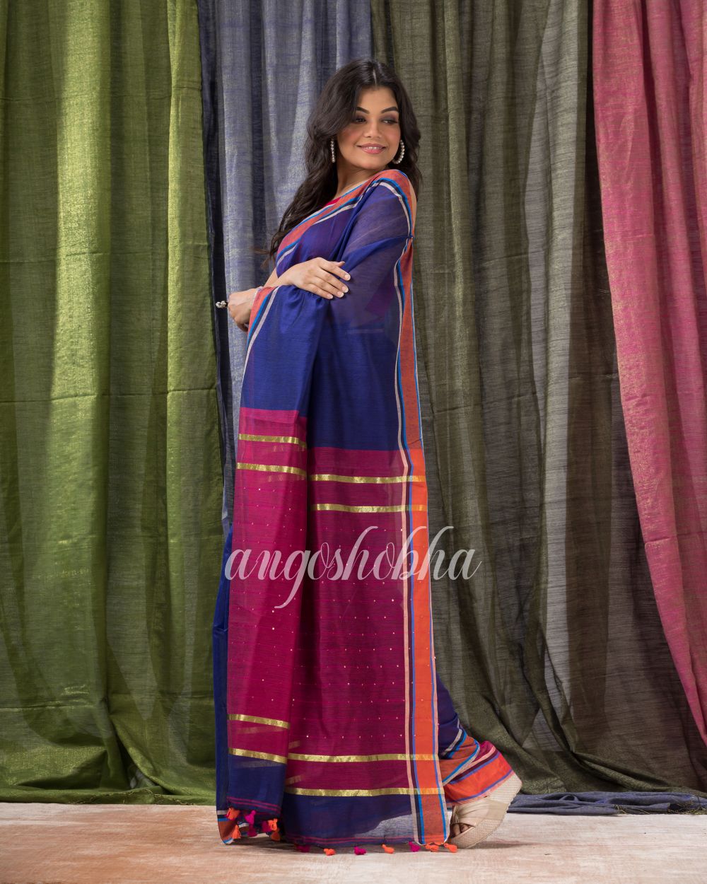 Cotton Blend Royal Blue Handloom Saree angoshobha