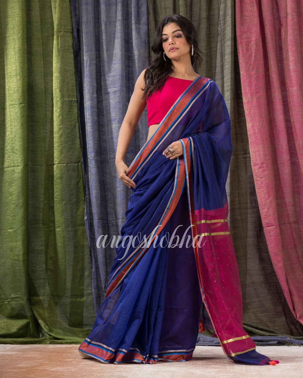 Cotton Blend Royal Blue Handloom Saree angoshobha