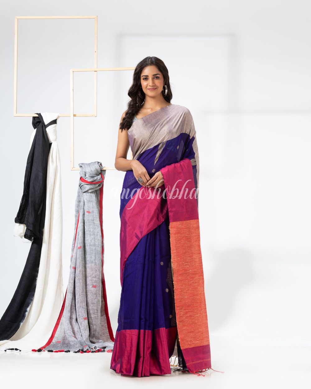 Cotton Blend Royel Blue Handloom Festive Saree angoshobha
