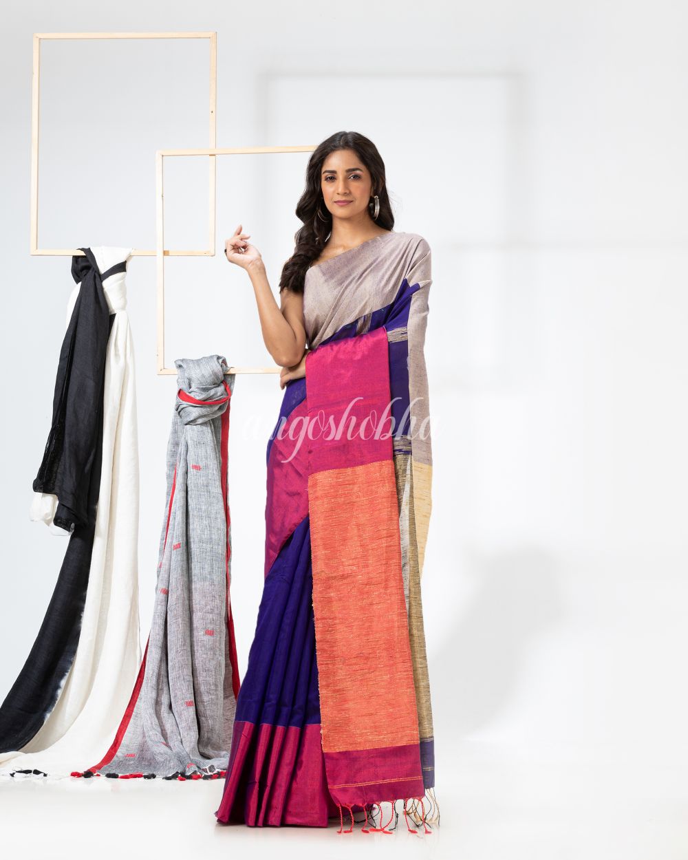 Cotton Blend Royel Blue Handloom Festive Saree angoshobha