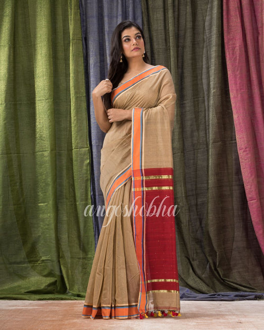 Cotton Blend Tan Handloom Saree angoshobha