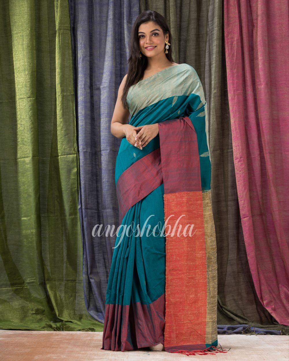 Cotton Blend Teal Handloom Festive Saree angoshobha