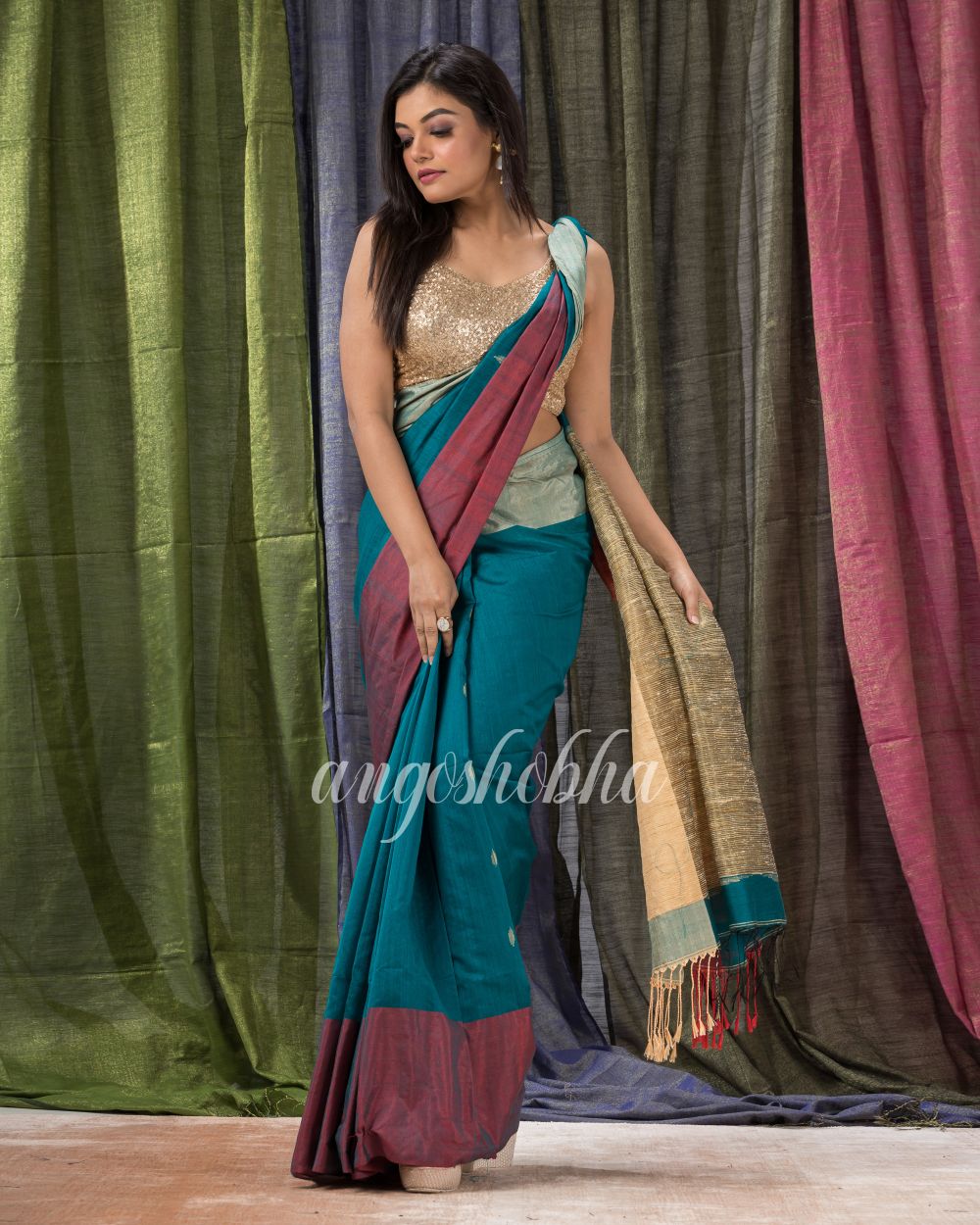 Cotton Blend Teal Handloom Festive Saree angoshobha