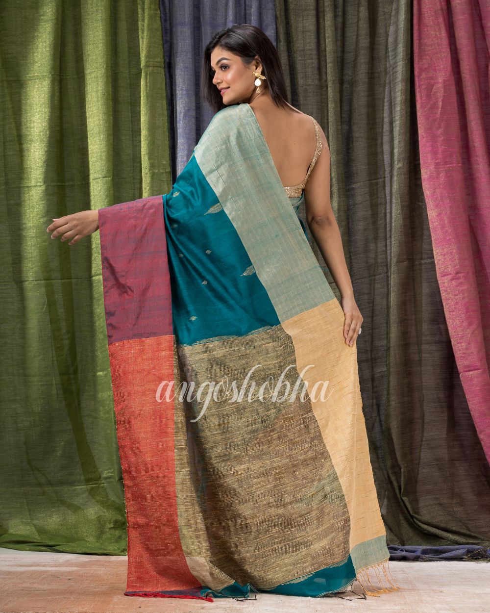 Cotton Blend Teal Handloom Festive Saree angoshobha
