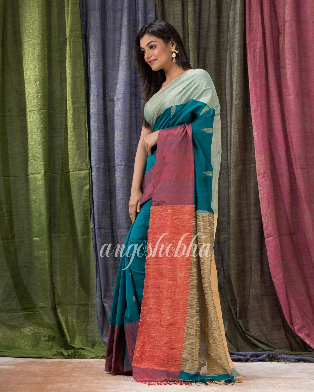 Cotton Blend Teal Handloom Festive Saree angoshobha