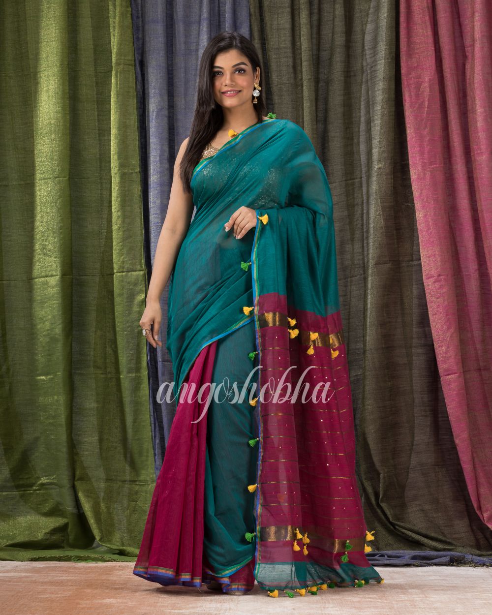 Cotton Blend Teal Pink Handloom Saree angoshobha