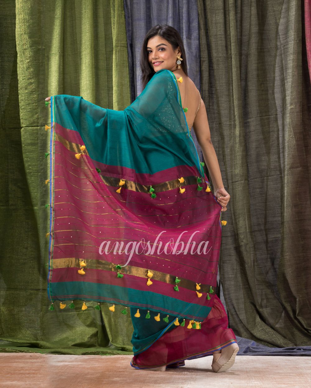 Cotton Blend Teal Pink Handloom Saree angoshobha
