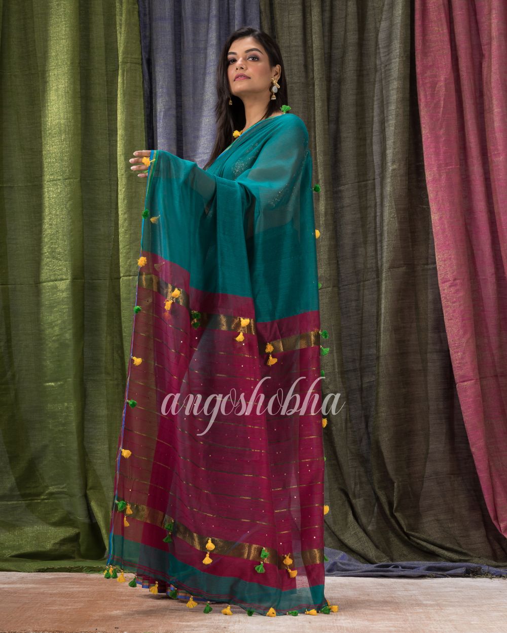 Cotton Blend Teal Pink Handloom Saree angoshobha