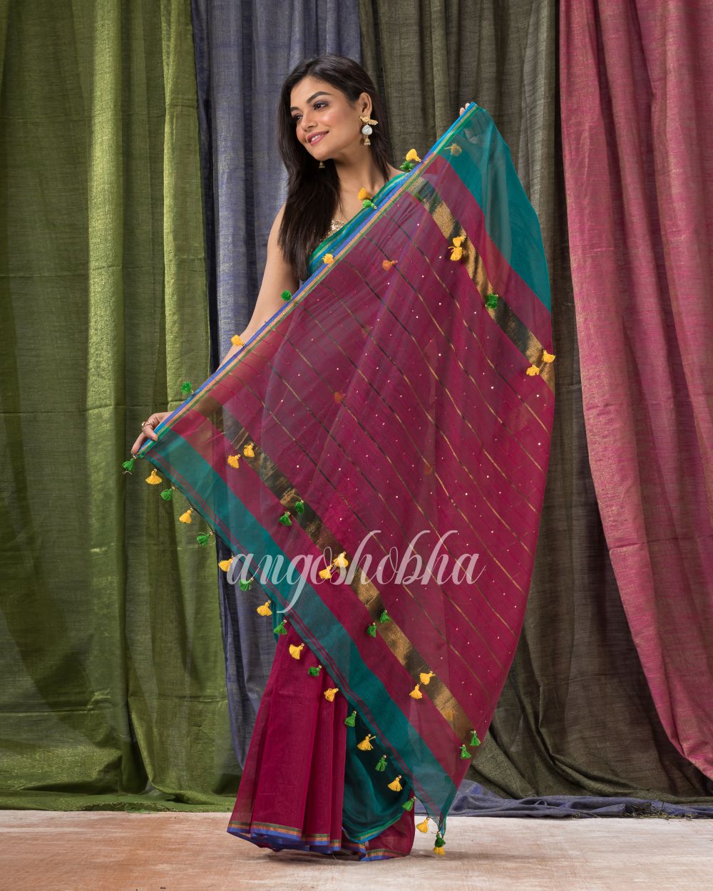 Cotton Blend Teal Pink Handloom Saree angoshobha