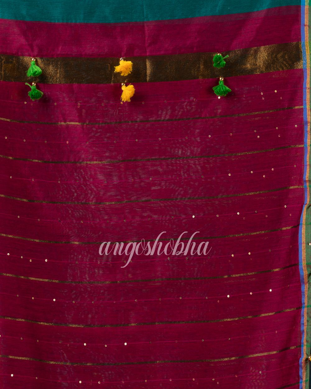 Cotton Blend Teal Pink Handloom Saree angoshobha