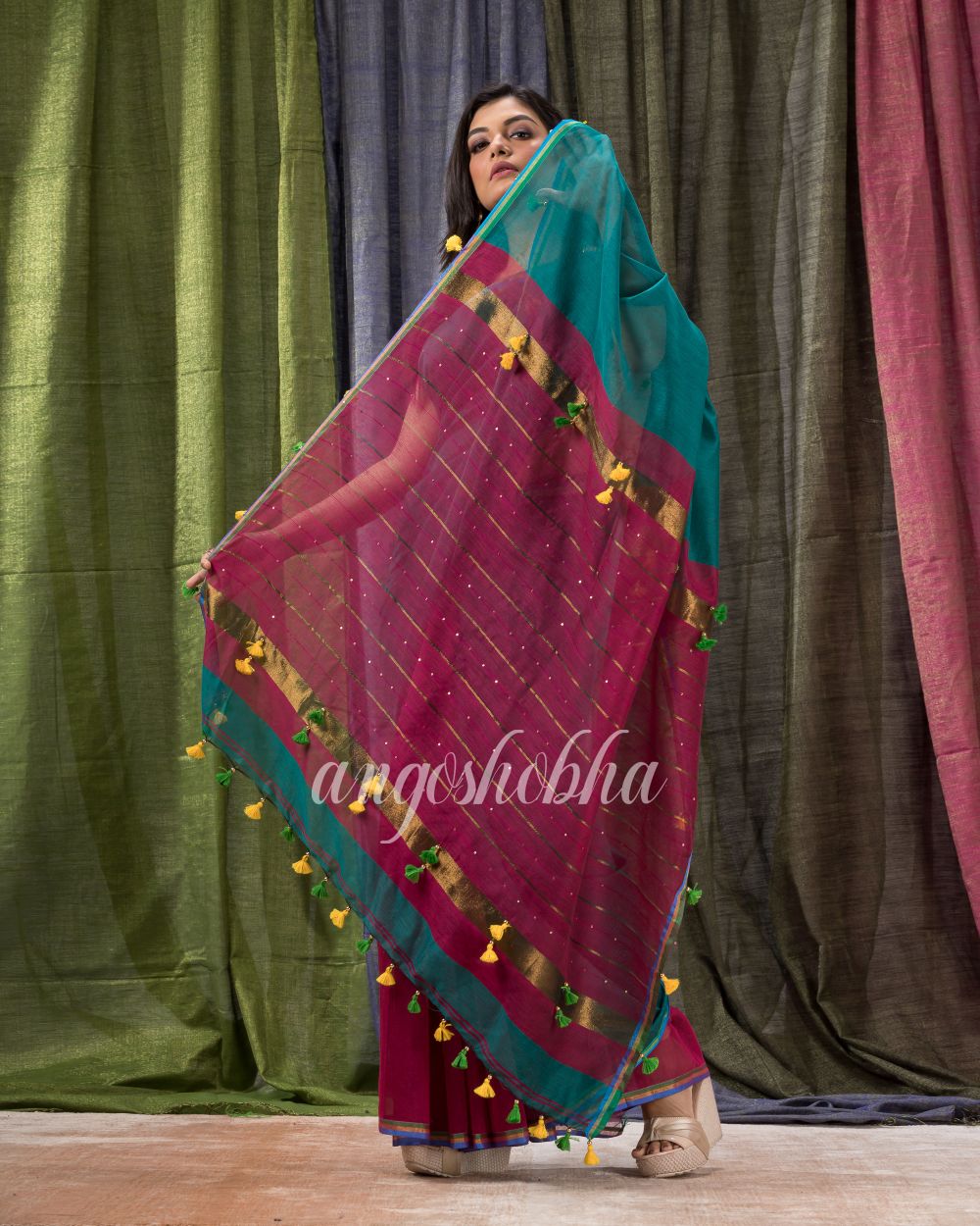 Cotton Blend Teal Pink Handloom Saree angoshobha