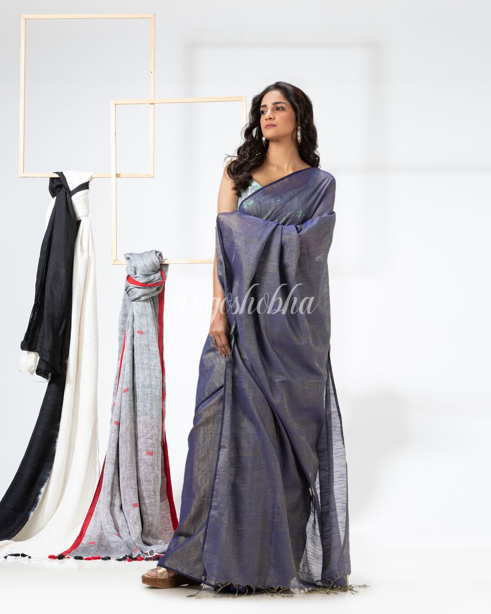 Cotton Silk Blue Handloom Tissue Saree angoshobha