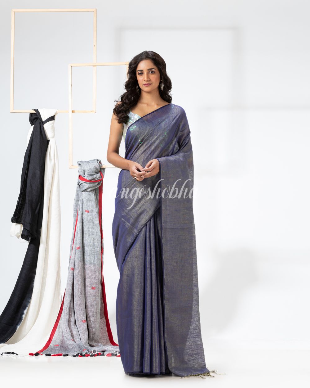 Cotton Silk Blue Handloom Tissue Saree angoshobha