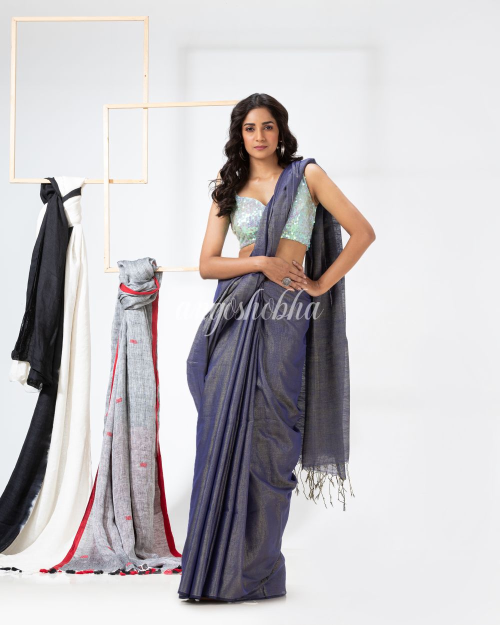 Cotton Silk Blue Handloom Tissue Saree angoshobha