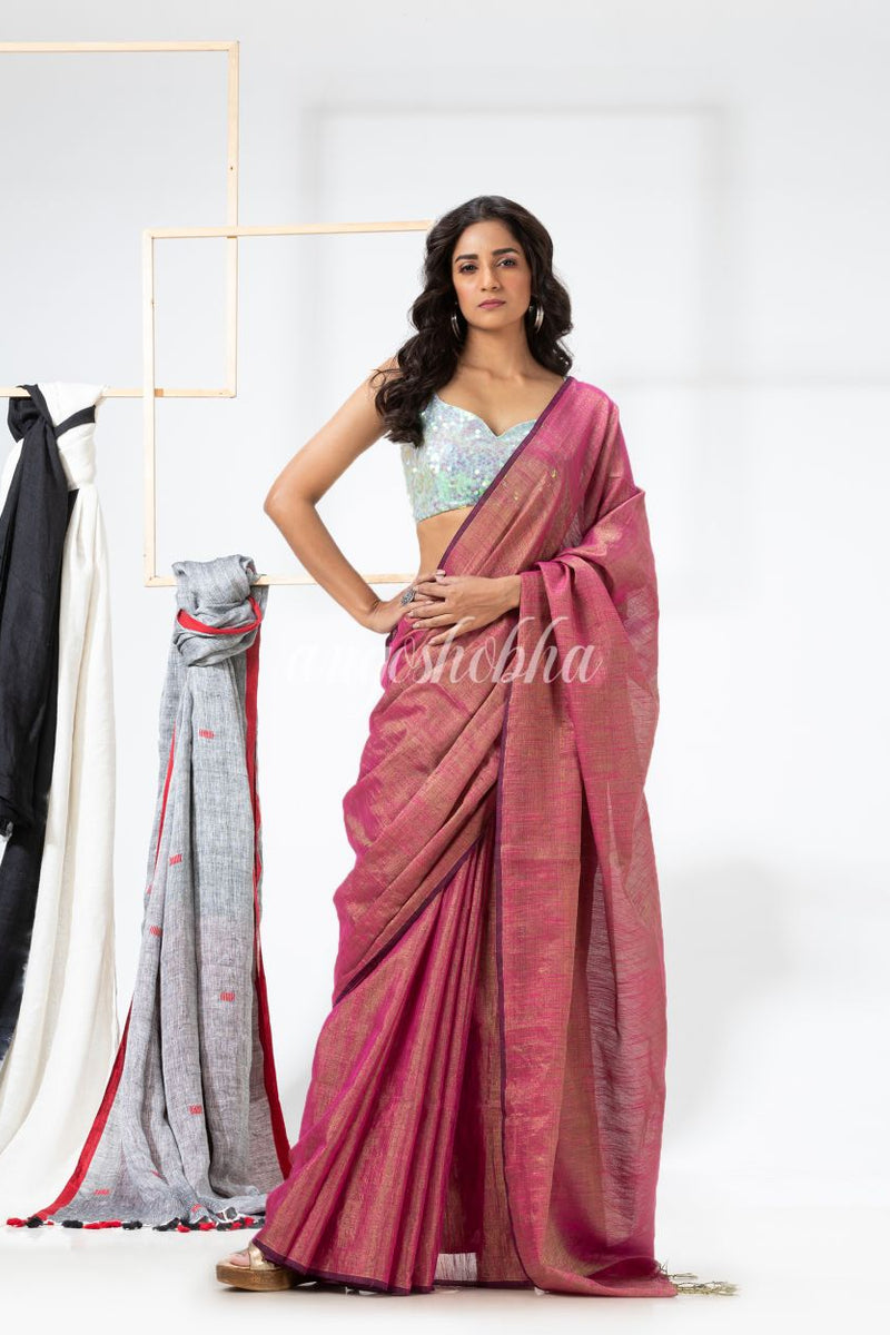 Cotton Silk Pink Handloom Tissue Saree