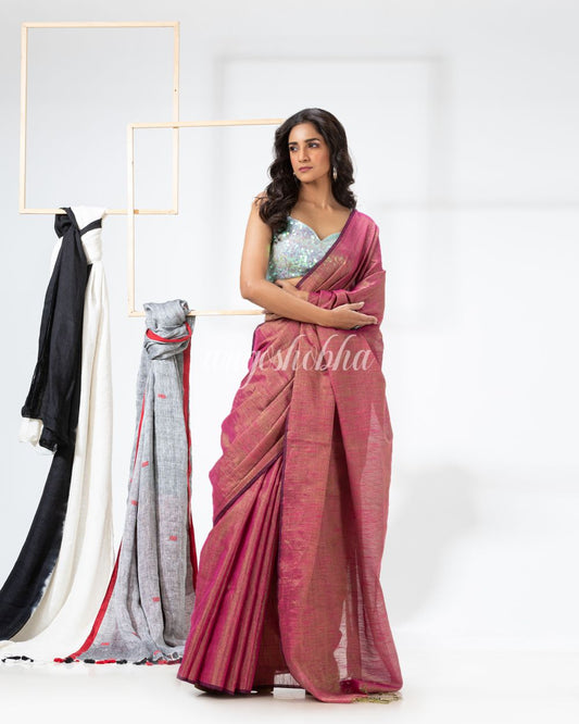 Cotton Silk Pink Handloom Tissue Saree angoshobha