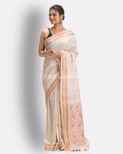 Cream Handloom Tranditional Tangail Cotton Saree angoshobha