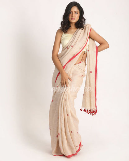 Cream Traditional Handloom Linen Jamdani Saree angoshobha