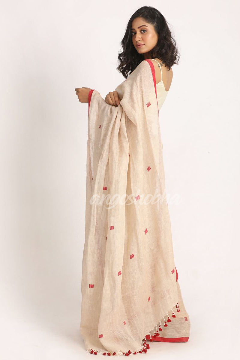 Cream Traditional Handloom Linen Jamdani Saree
