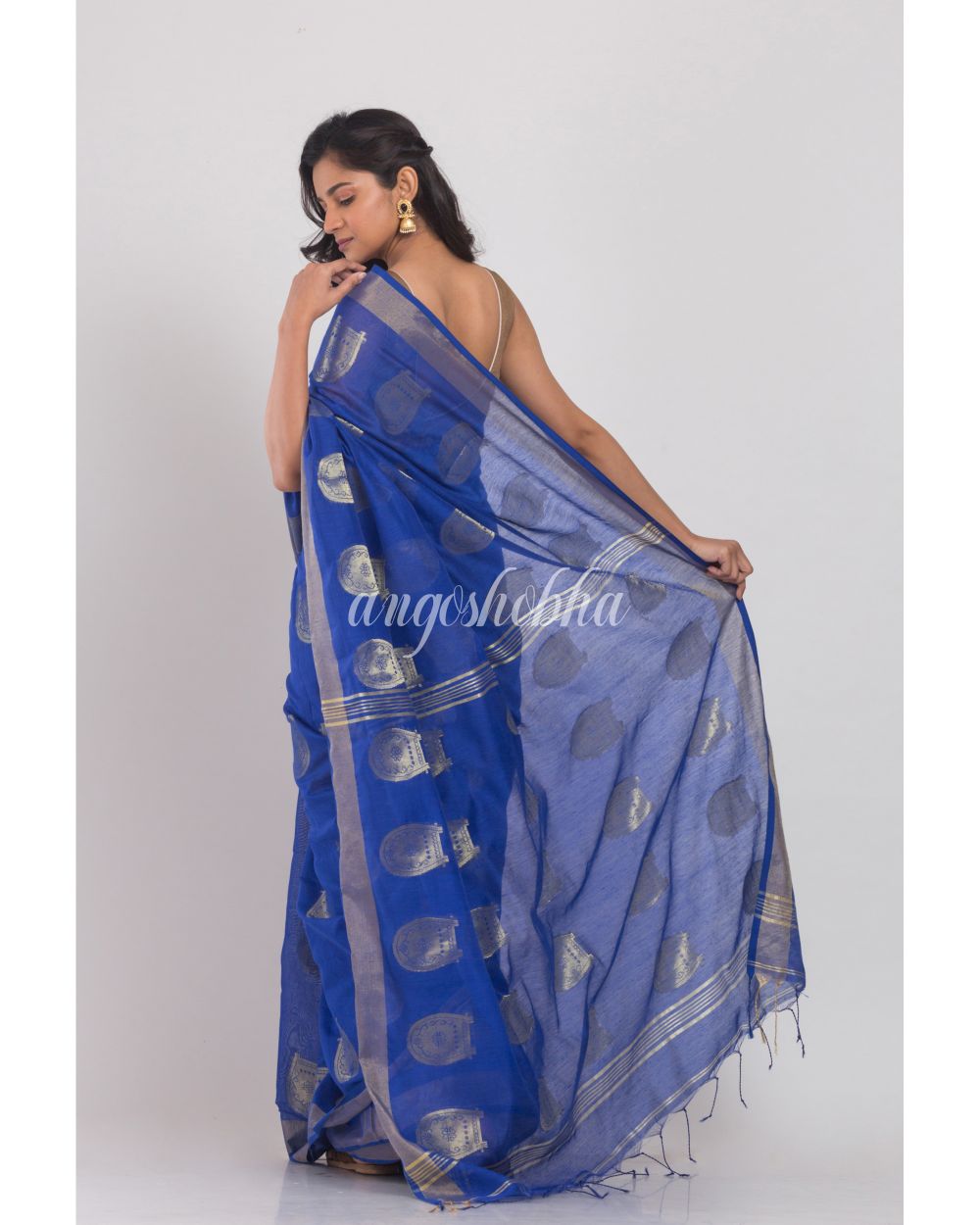 Dark Blue Handloom Blended Cotton Saree angoshobha