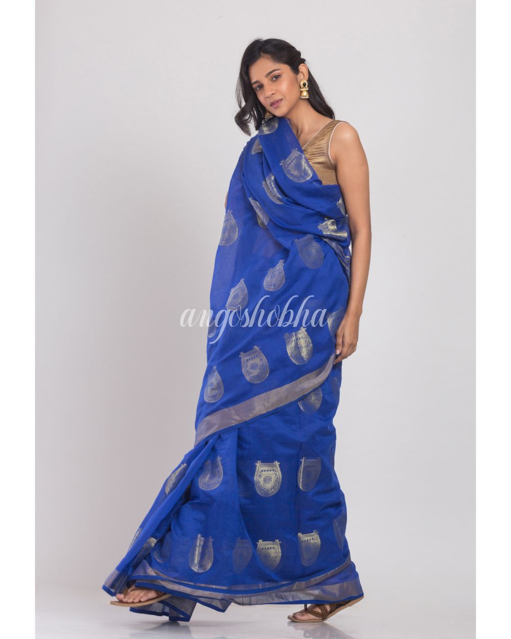 Dark Blue Handloom Blended Cotton Saree angoshobha