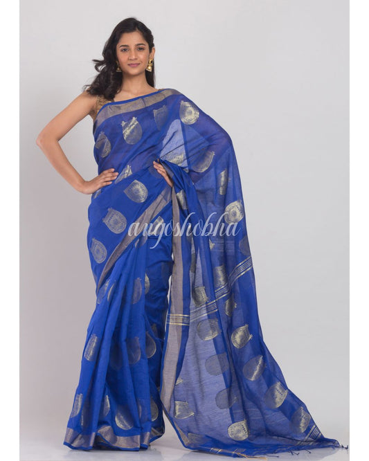 Dark Blue Handloom Blended Cotton Saree angoshobha