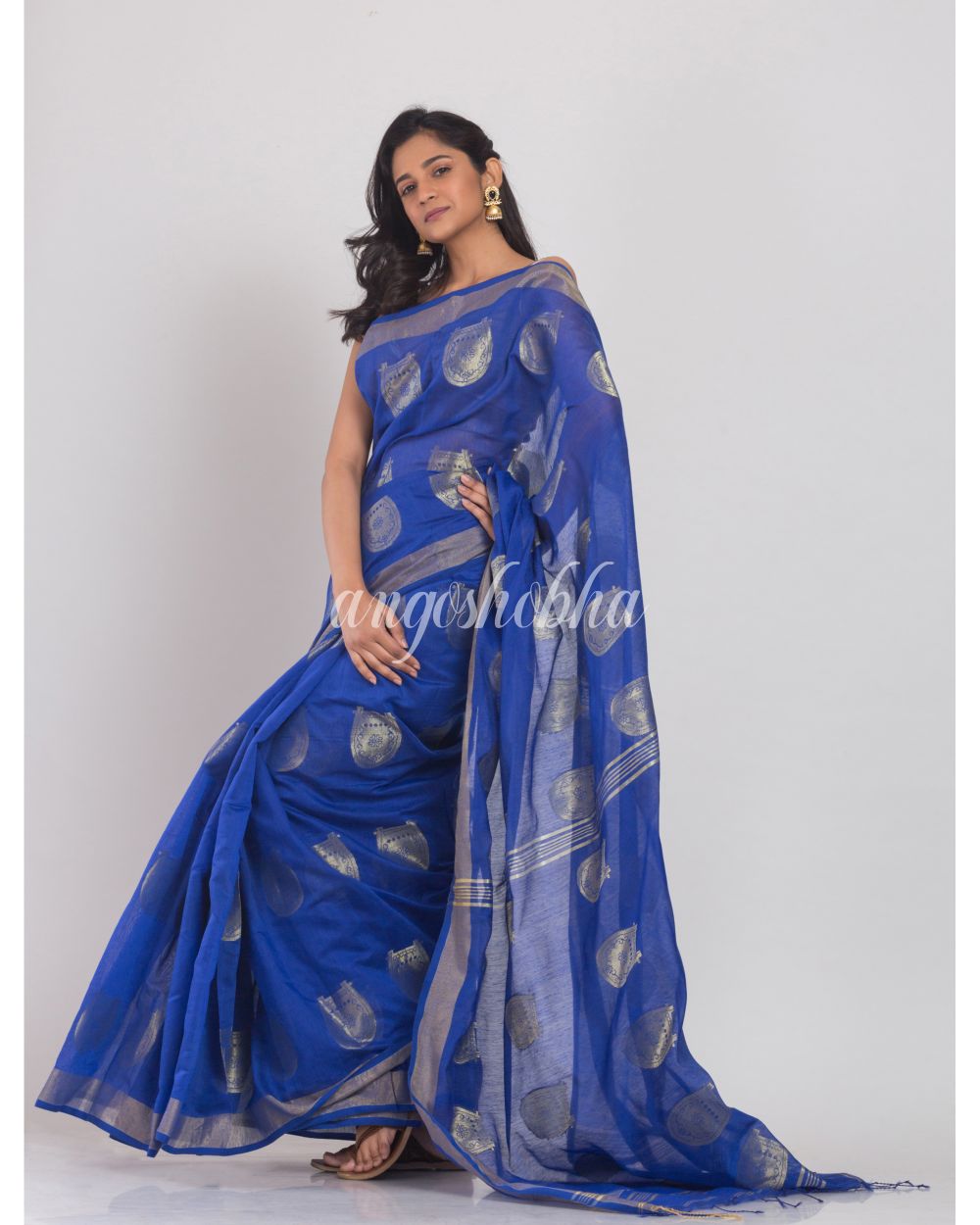 Dark Blue Handloom Blended Cotton Saree angoshobha