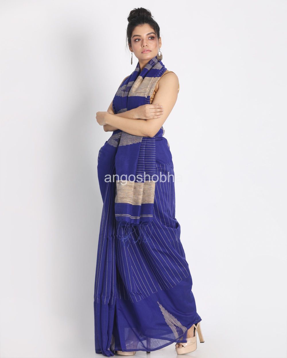 Dark Blue Handloom Cotton Blend Saree angoshobha