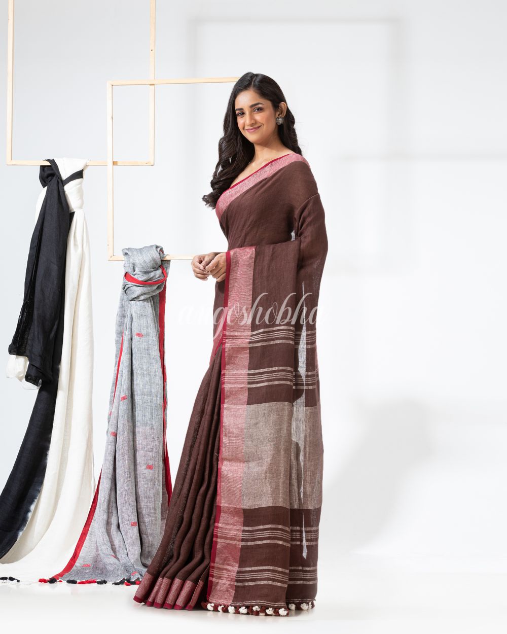 Dark Brown Handloom Linen Saree angoshobha