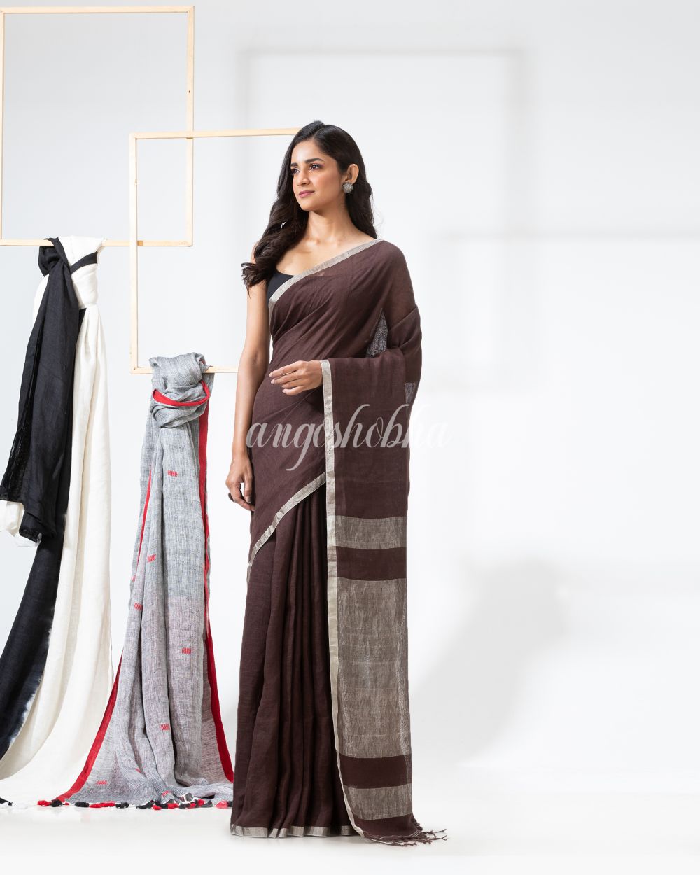 Dark Brown Handloom Linen Saree angoshobha