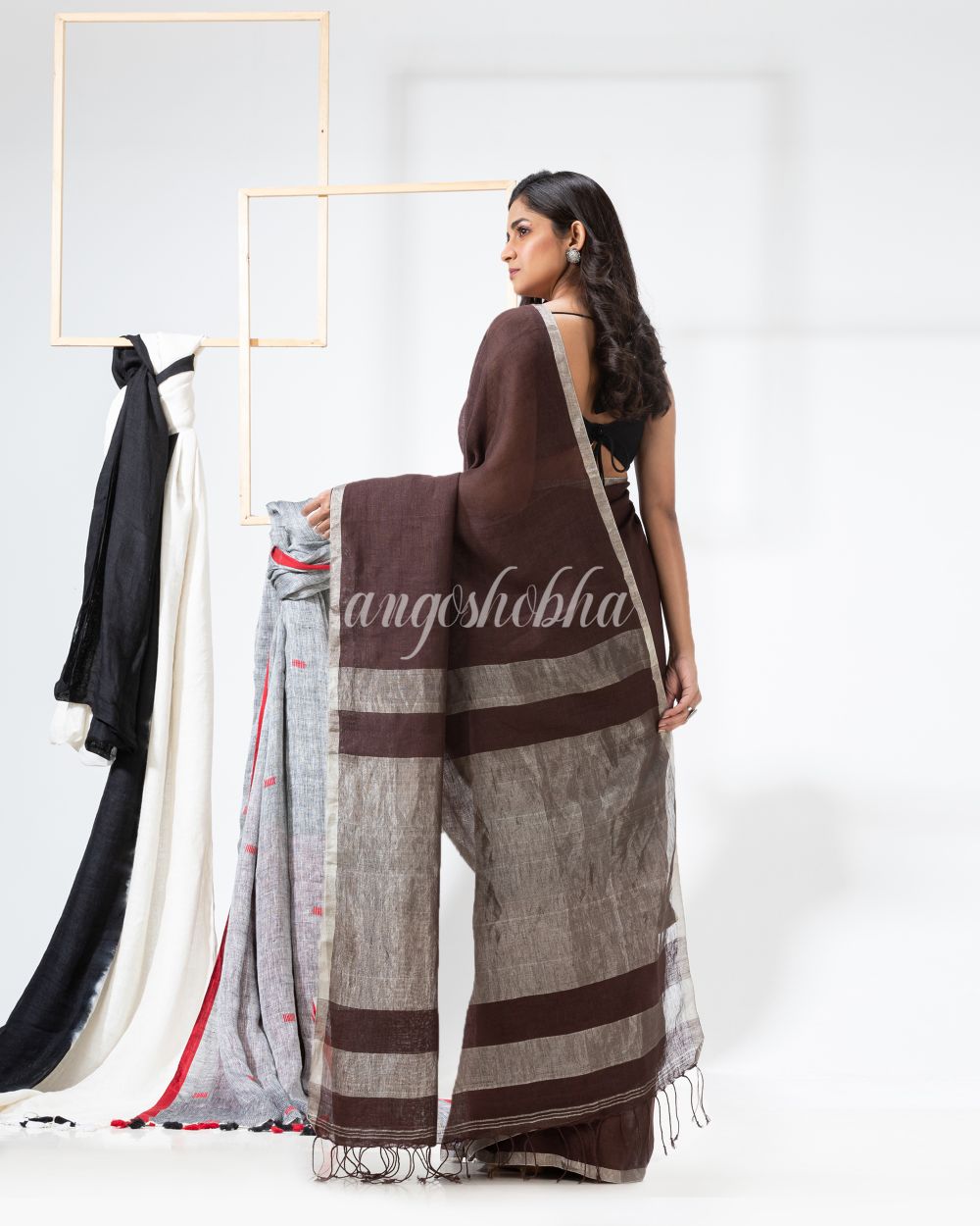 Dark Brown Handloom Linen Saree angoshobha