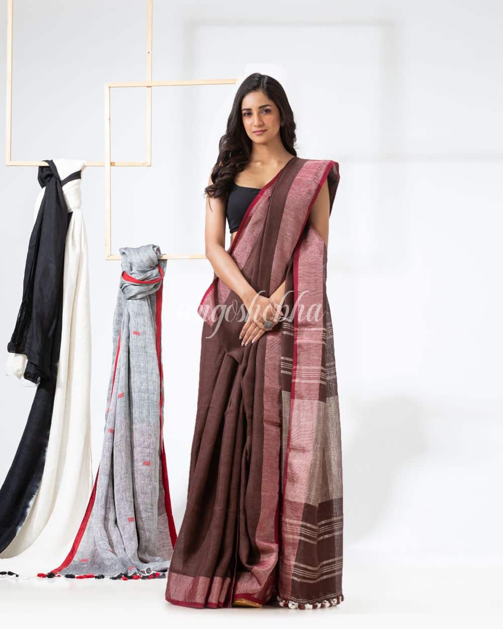 Dark Brown Handloom Linen Saree angoshobha