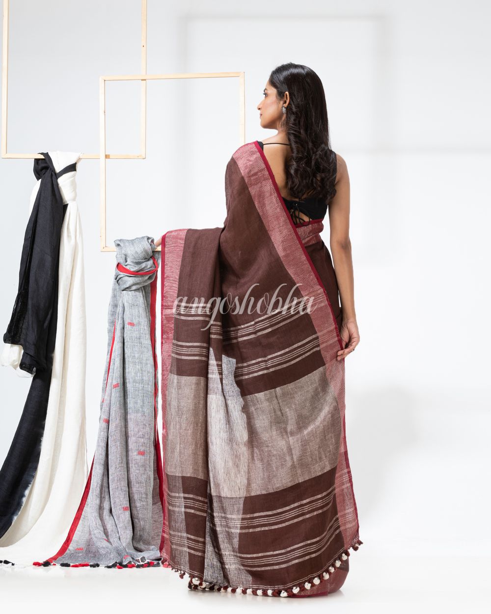 Dark Brown Handloom Linen Saree angoshobha