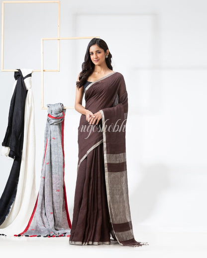 Dark Brown Handloom Linen Saree angoshobha