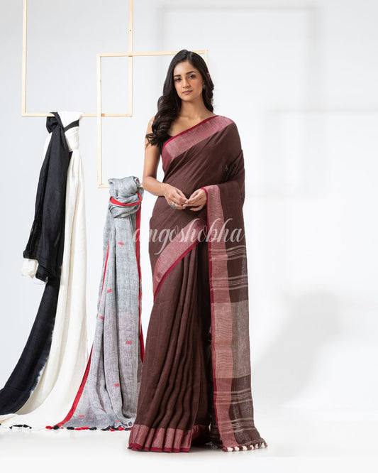 Dark Brown Handloom Linen Saree angoshobha