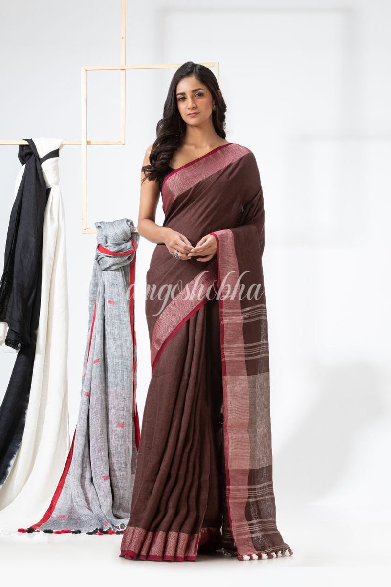 Dark Brown Handloom Linen Saree