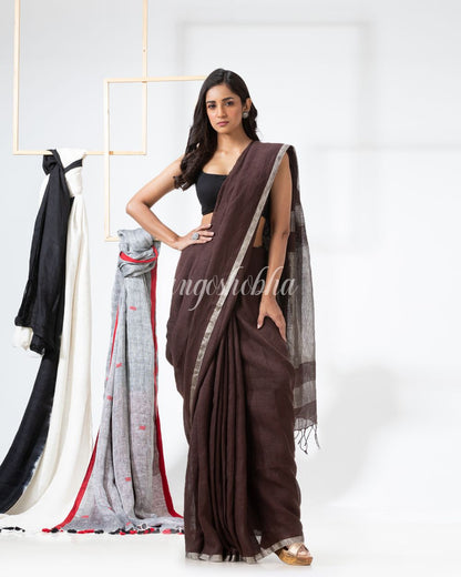 Dark Brown Handloom Linen Saree angoshobha