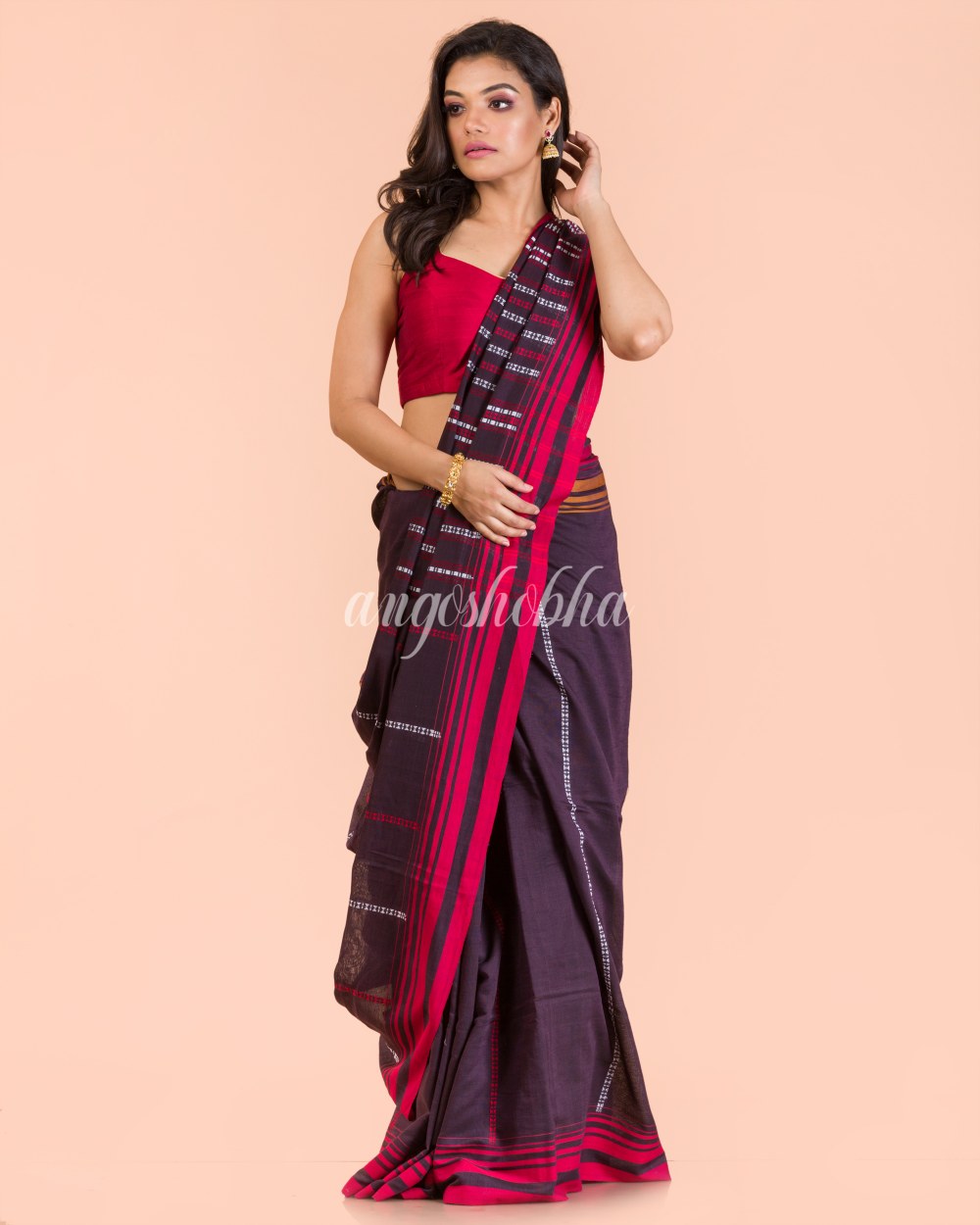 Dark Brown Handwoven Cotton Saree angoshobha