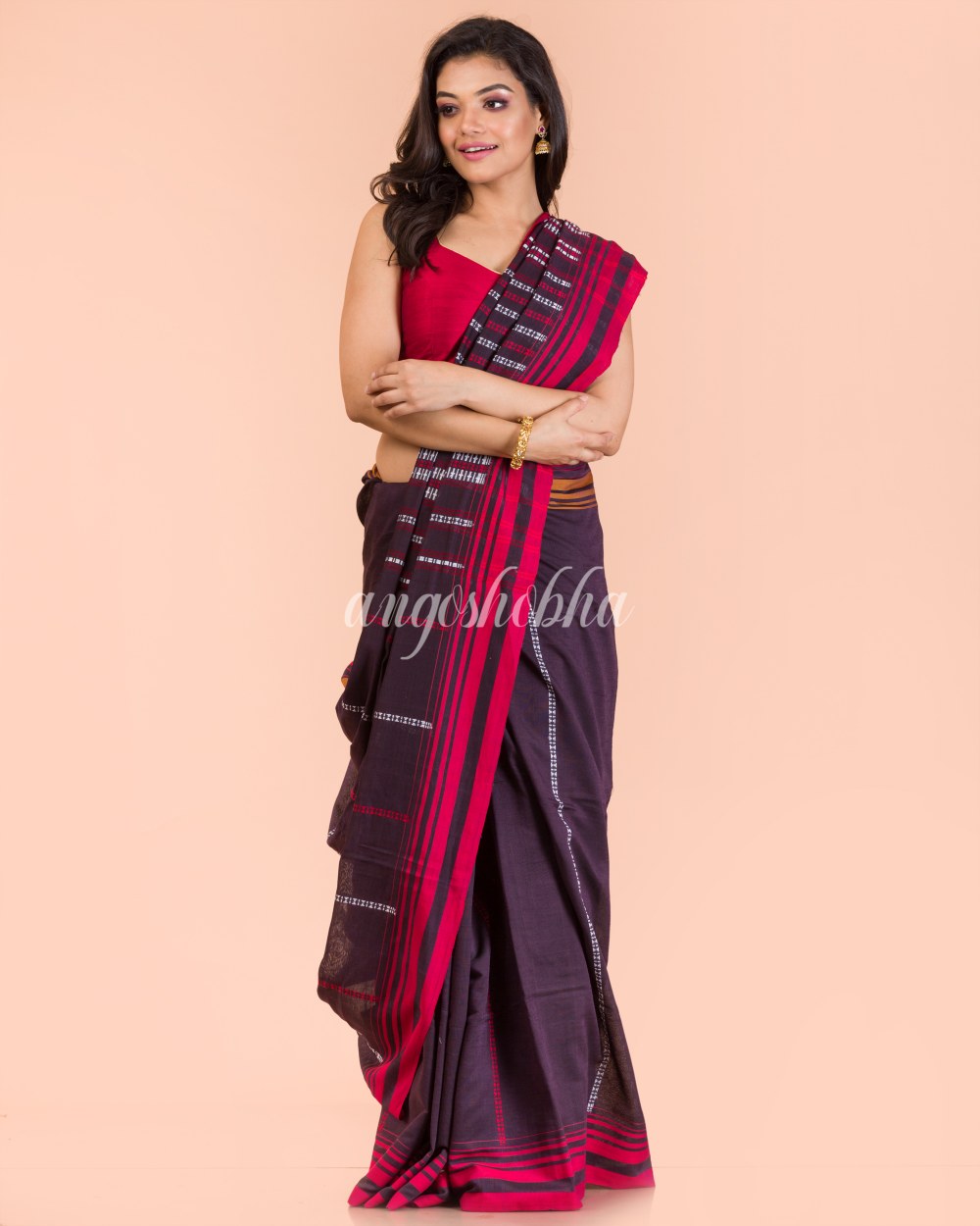 Dark Brown Handwoven Cotton Saree angoshobha