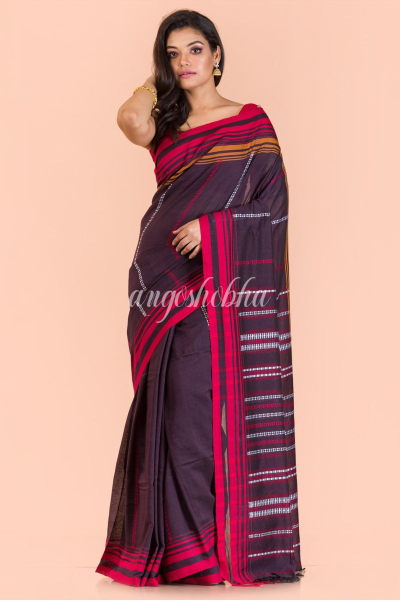 Dark Brown Handwoven Cotton Saree